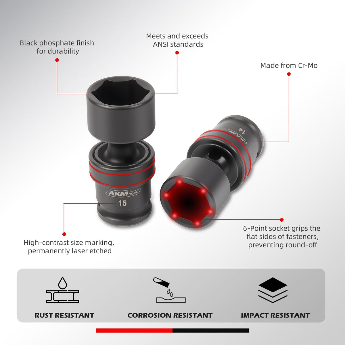 AKM TOOL universal socket 12mm provides secure grip on hex bolts in tight bays.