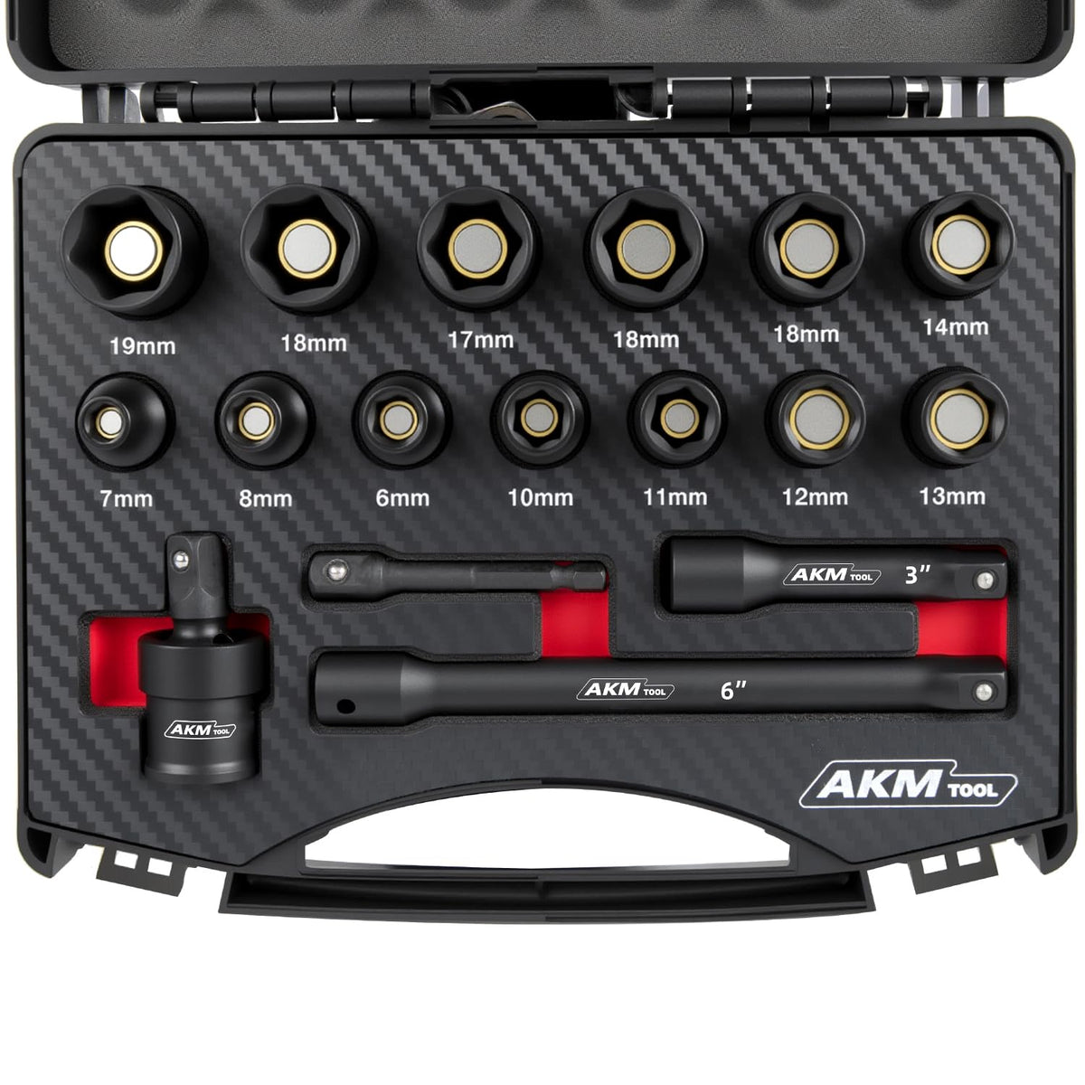 AKM TOOL magnetic impact socket set on 3/8 drive offering secure grip.