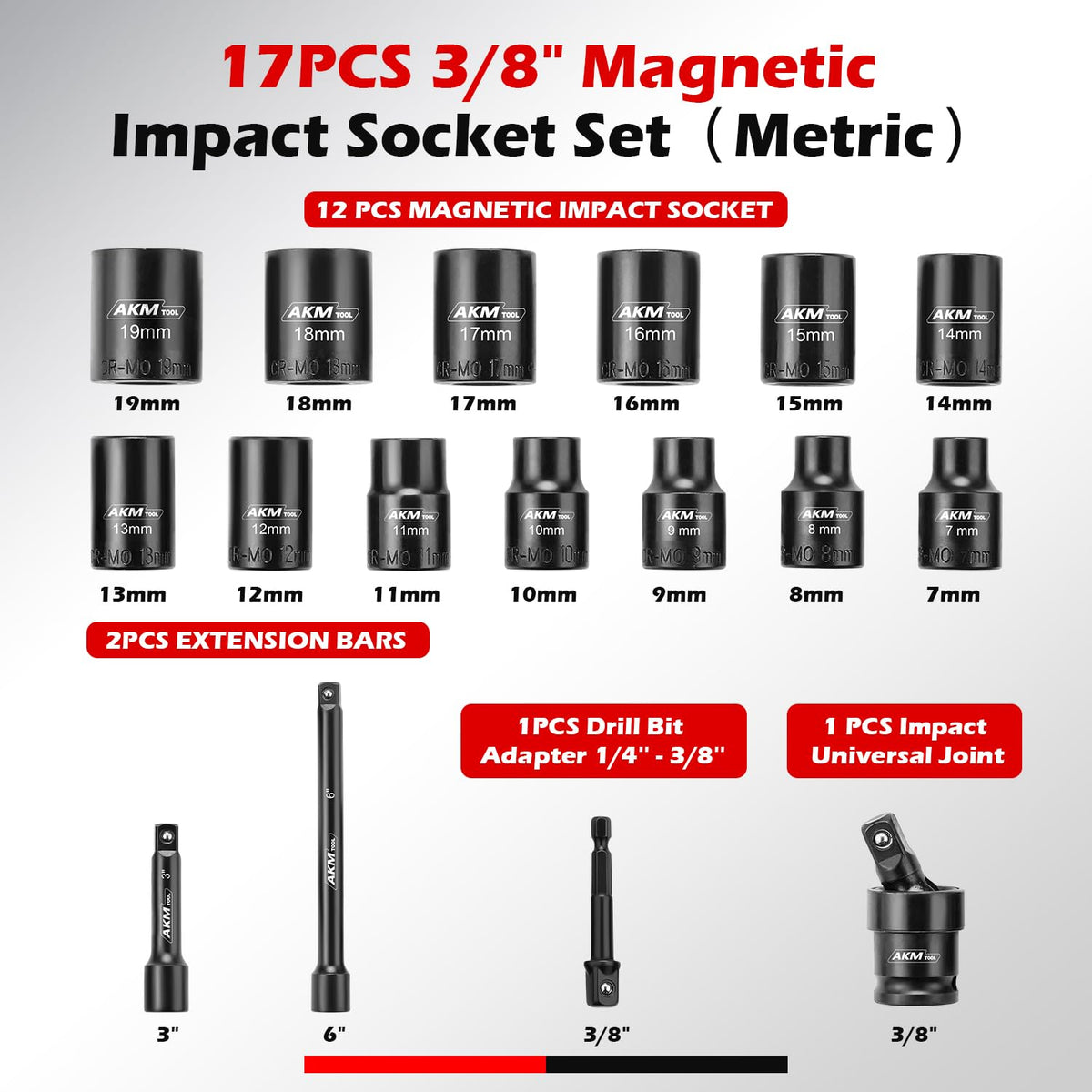 AKM TOOL metric sockets 7mm to 19mm for versatile fastener range.