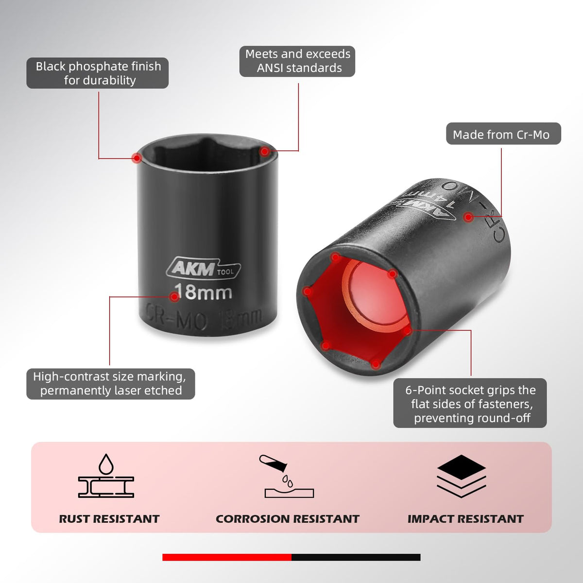 AKM TOOL premium CR-MO sockets with high strength and heat resistance.