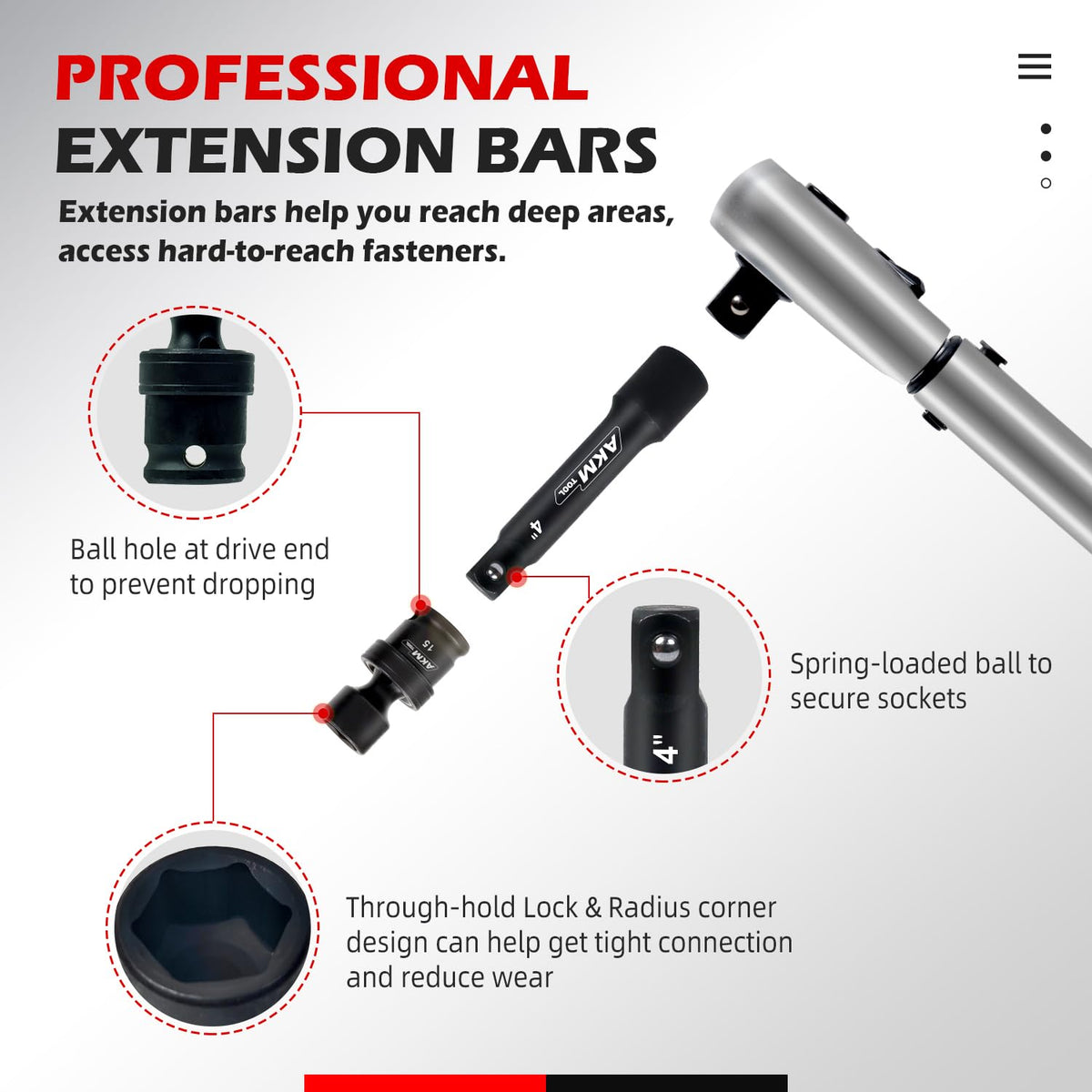 AKM TOOL six-point design sockets deliver high-torque grip for demanding repairs.