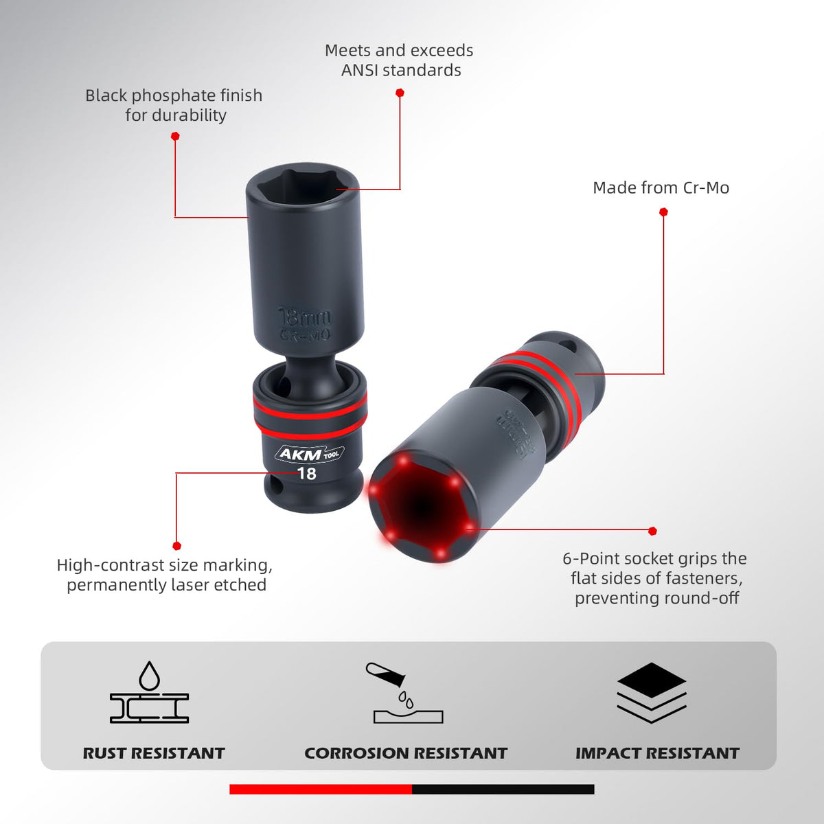AKM TOOL wobble socket angle aids alignment in hard-to-reach bolts.
