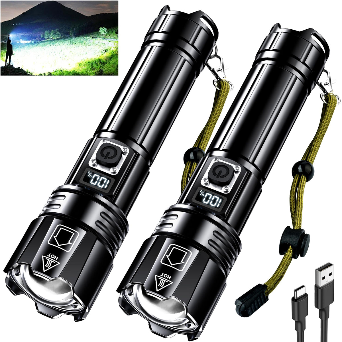 AKNEAR Rechargeable LED Flashlight front view highlights compact design and high-lumen performance for outdoor use.