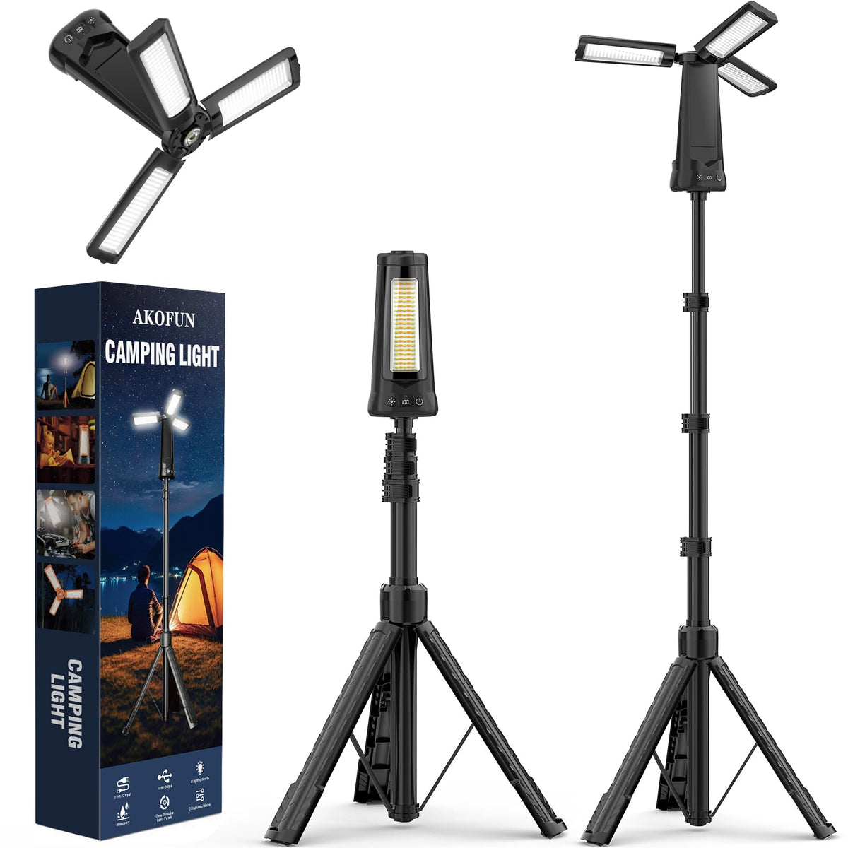 AKOFUN 15000mAh camping light displays battery life for extended field use.