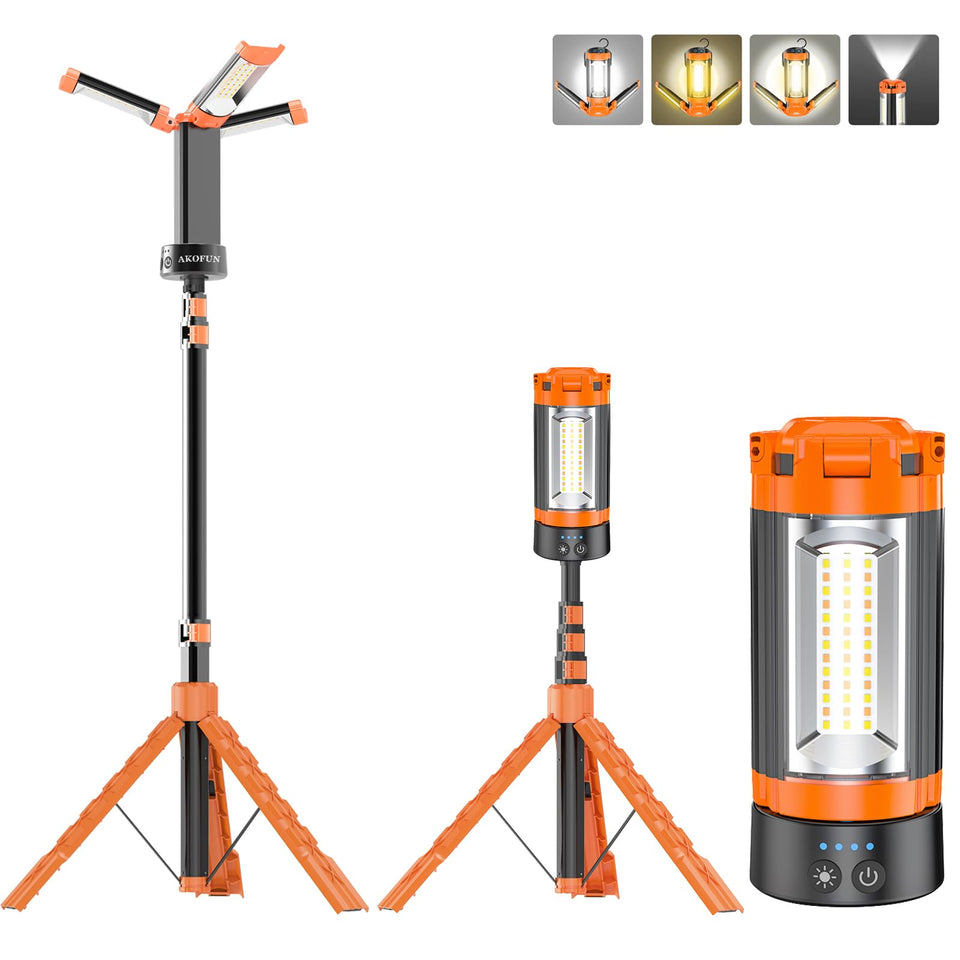 AKOFUN camping light with stand for outdoor use and extended battery life.