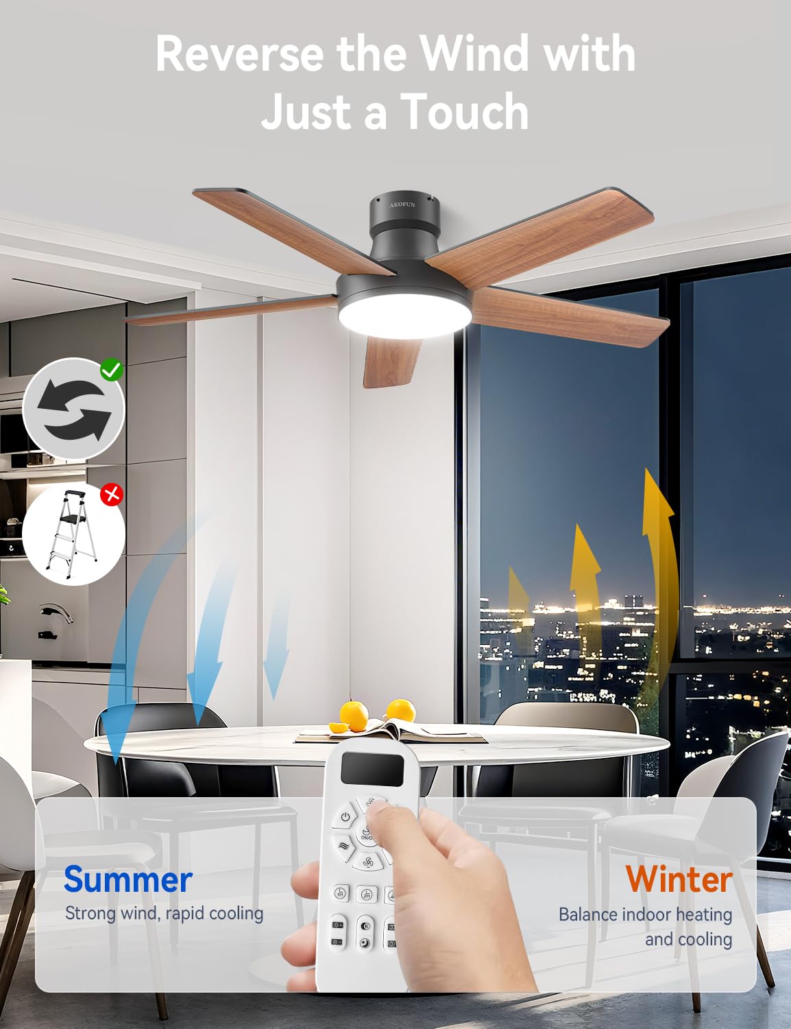 Dual-sided blades: black and walnut finish on AKOFUN fan