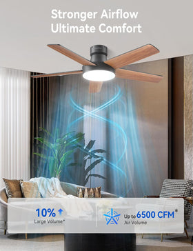 Low-profile AKOFUN fan with dark-walnut blades for compact spaces
