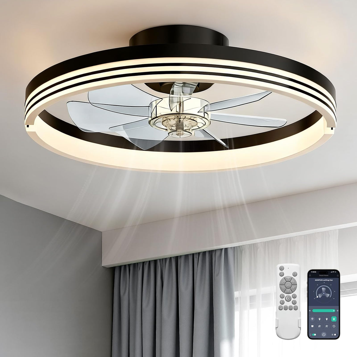 AKOFUN modern bladeless ceiling fan light 18-inch in black for stylish small spaces.