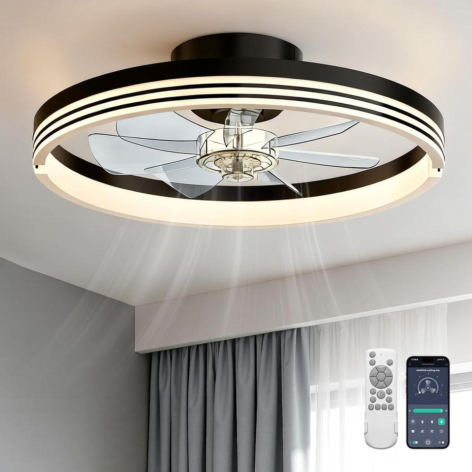 AKOFUN modern bladeless ceiling fan light 18-inch in black for stylish small spaces.