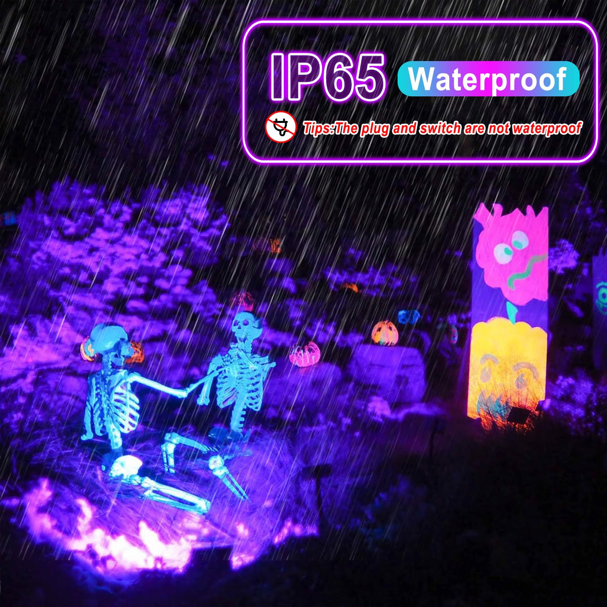 Akpgf 2 Pack 50W Black Light outdoors for yard decorations and Halloween ambiance.
