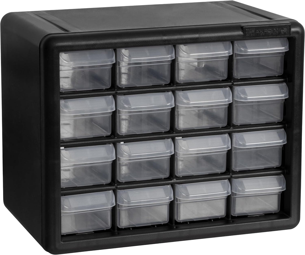 Akro-Mils 10116 front view with a 16-drawer cabinet for garage organization.