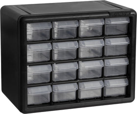 Akro-Mils 10116 front view with a 16-drawer cabinet for garage organization.