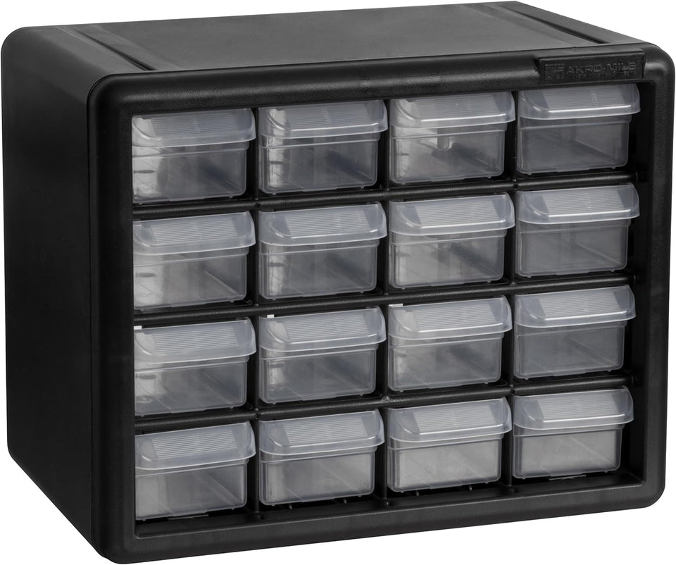 Akro-Mils 10116 front view with a 16-drawer cabinet for garage organization.