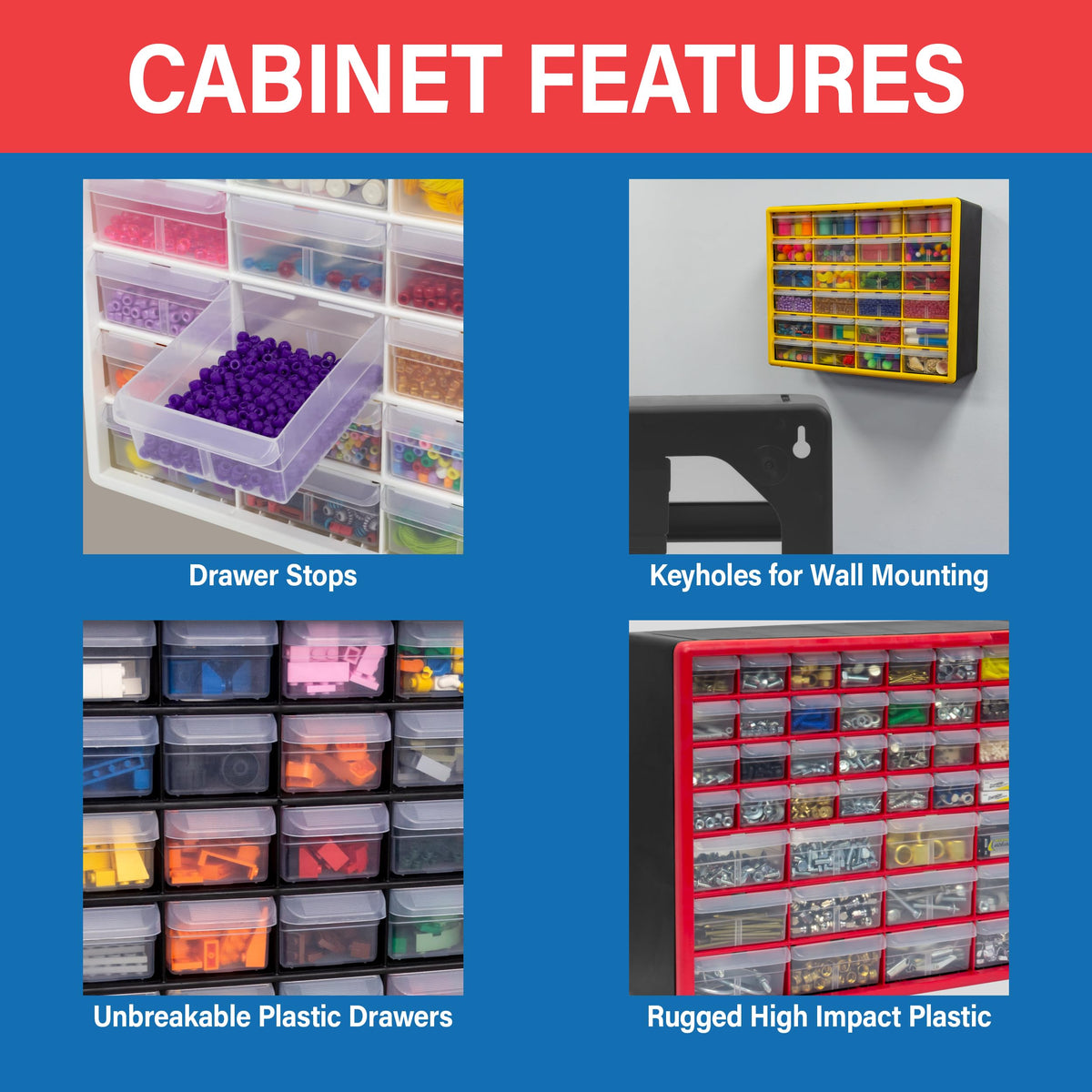 Akro-Mils 16-drawer cabinet in garage for nails, screws, and small hardware