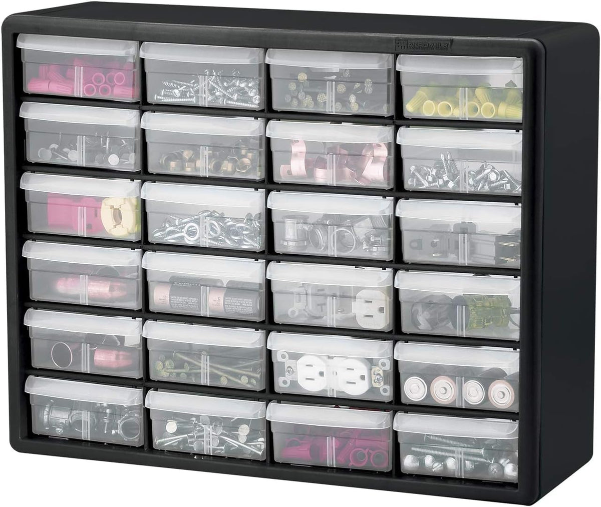 Akro-Mils 24-drawer cabinet used to store batteries and small parts