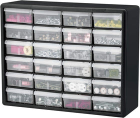 Akro-Mils 24-drawer cabinet used to store batteries and small parts
