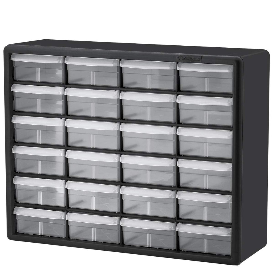 Akro-Mils 24-drawer cabinet front view in black for garage organization
