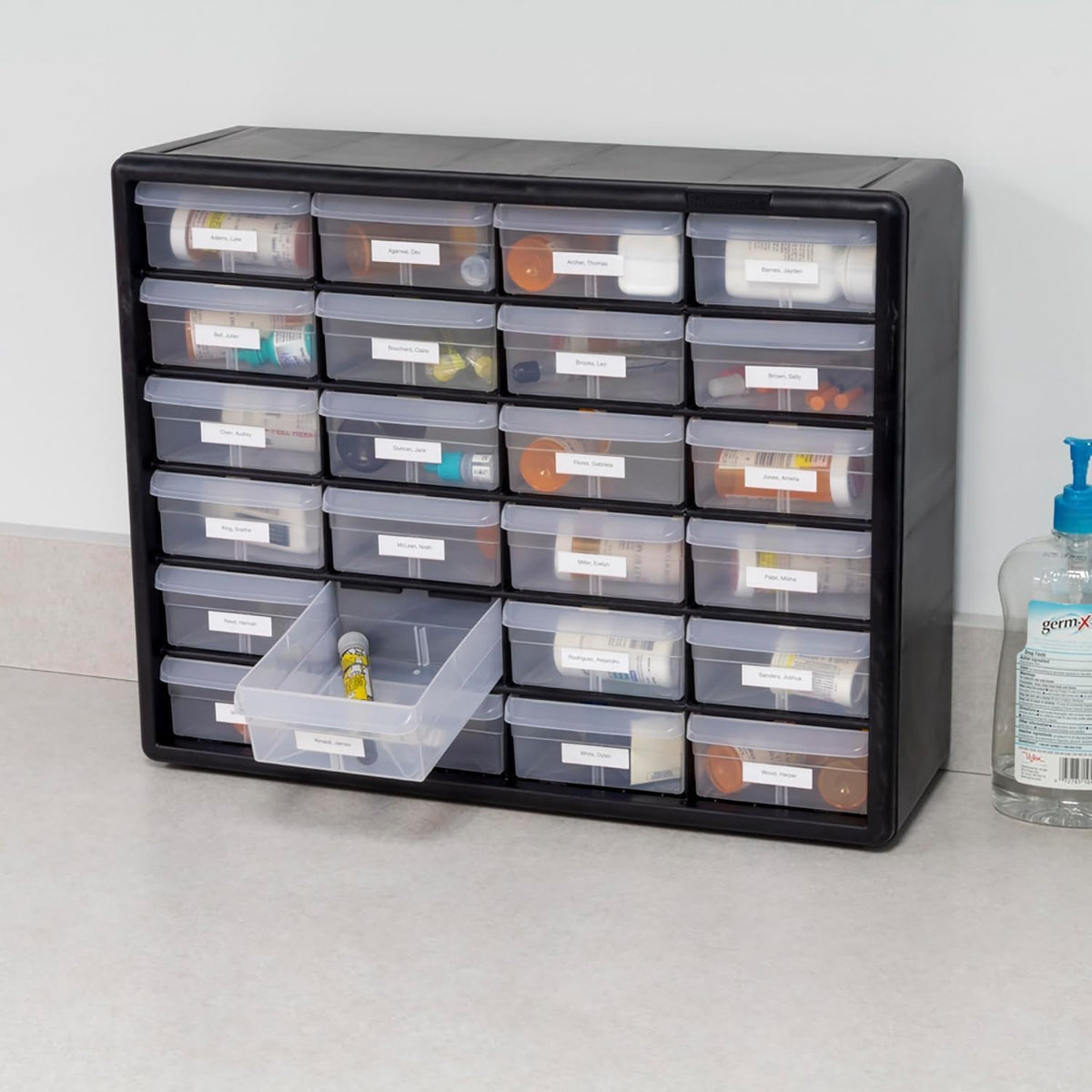 Akro-Mils wall-mountable cabinet saves bench space and keeps items reachable