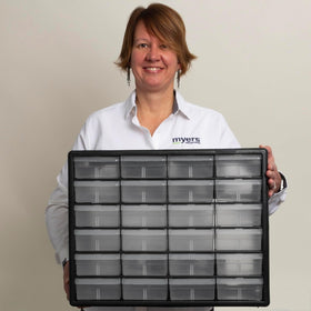 Akro-Mils cabinet finger-grip pulls provide easy drawer access.
