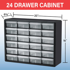 Akro-Mils 24-drawer cabinet front view highlighting compact, stackable design.