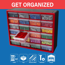 Akro-Mils 24-drawer cabinet open drawers enable fast sorting.