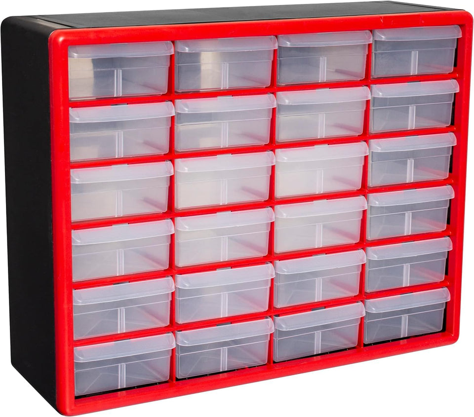 Akro-Mils 24-drawer cabinet side view for garage organization and quick parts access.