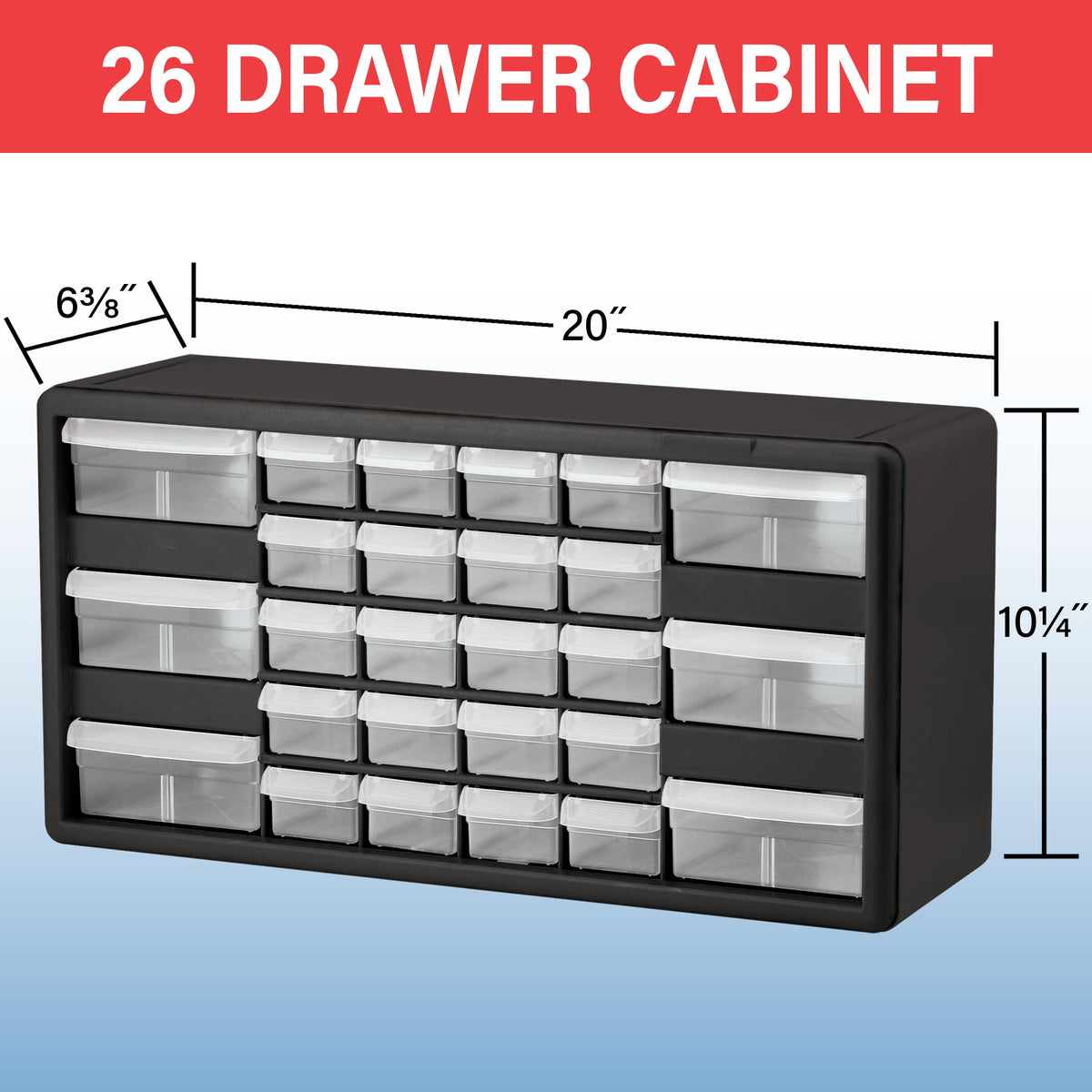 Akro-Mils 26-drawer cabinet drawer open showing small parts storage.