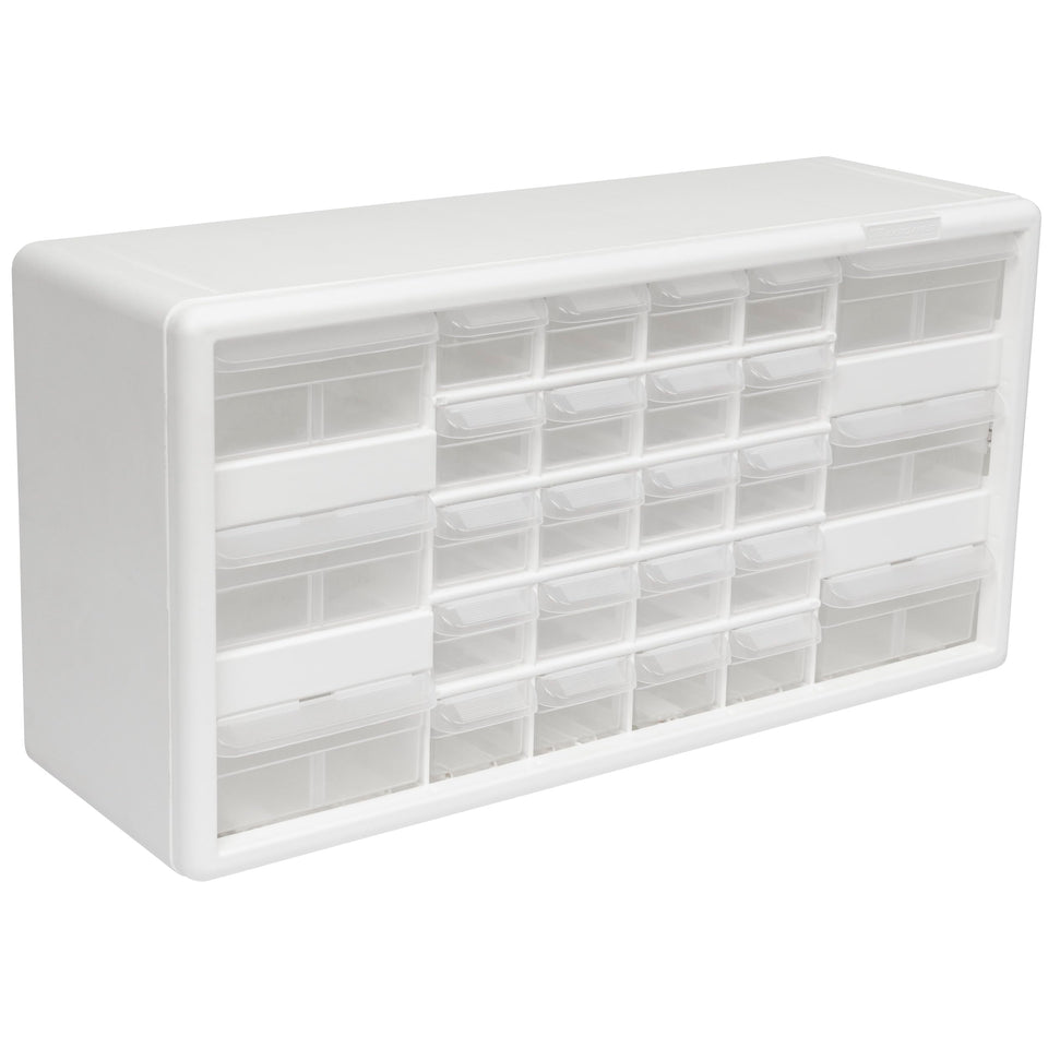 Akro-Mils 26-drawer cabinet front view shows rugged plastic storage for tools