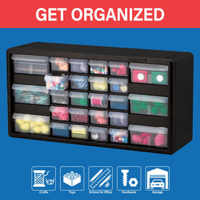 Akro-Mils 26-drawer cabinet back view with molded dividers.