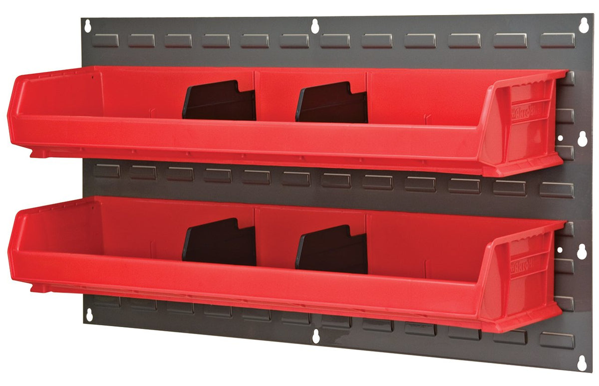 Akro-Mils 30136 wall-mount panel showing adjustable bin positions for flexible storage.