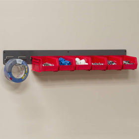 Akro-Mils 30632 wall rail mounted on a wall for space-saving storage.