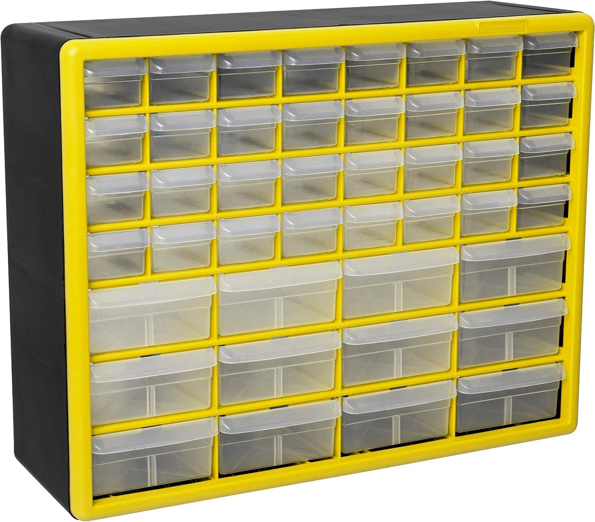 Akro-Mils 44-drawer cabinet front view in yellow for organized storage