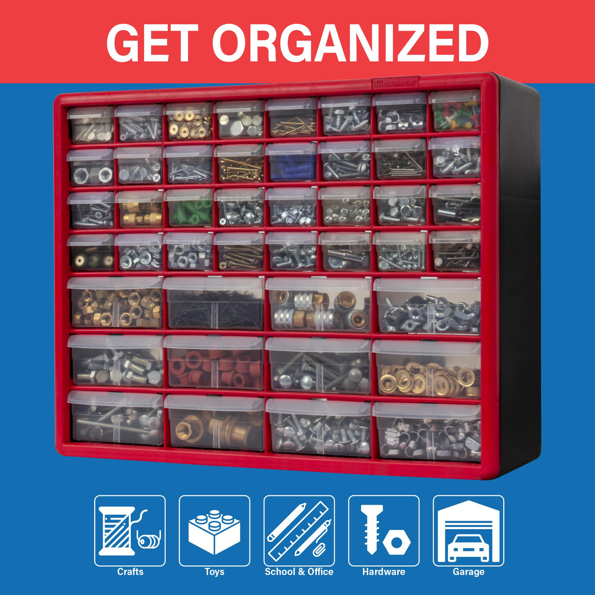 Akro-Mils cabinet with large and small drawers for versatile storage.
