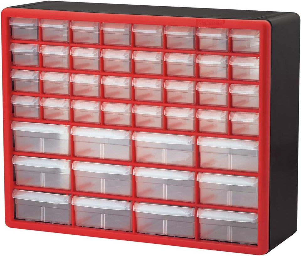 Akro-Mils 44-drawer cabinet front view shows rugged red storage for garage parts.