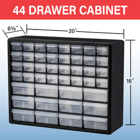 Akro-Mils 44-drawer cabinet side view highlights compact, space-saving design.