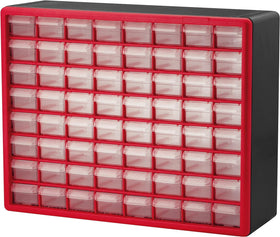 Akro-Mils 64-drawer cabinet front view in red for versatile organization