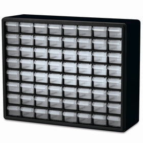 Akro-Mils 64-drawer plastic cabinet for organized small parts and tools in the workshop.