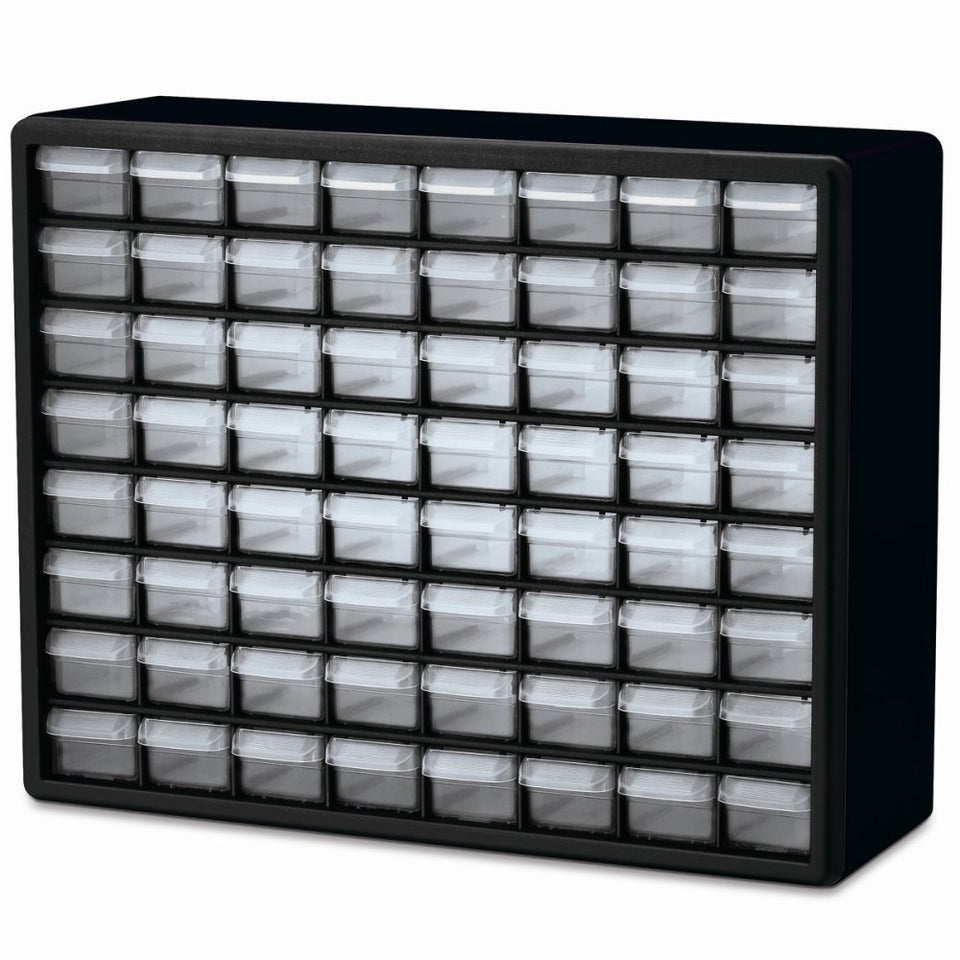 Akro-Mils 64-drawer plastic cabinet for organized small parts and tools in the workshop.