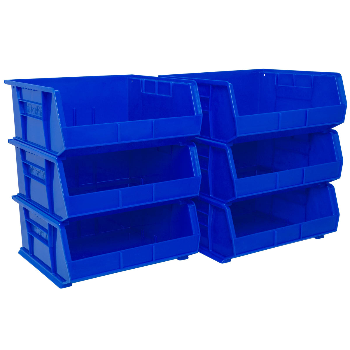 Akro-Mils AkroBins stackable blue bin for space-saving garage storage.