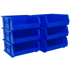 Akro-Mils AkroBins stackable blue bin for space-saving garage storage.