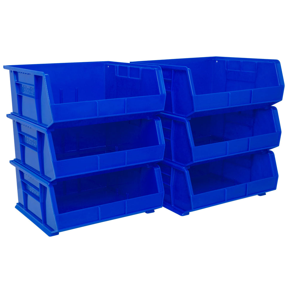 Akro-Mils AkroBins stackable blue bin for space-saving garage storage.