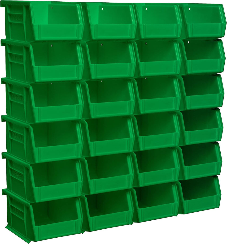 Akro-Mils AkroBins stackable bin in green for compact garage storage.