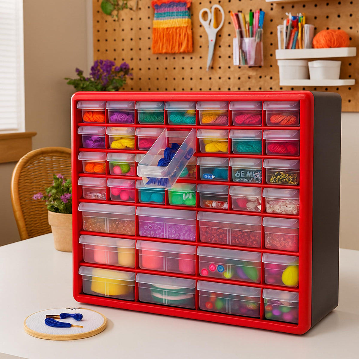 Akro-Mils makeup storage cabinet suitable for compact vanity setups.