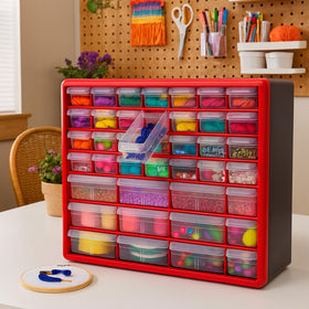 Akro-Mils makeup storage cabinet suitable for compact vanity setups.