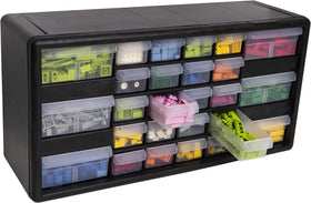 Akro-Mils wall-mount slots enable space-saving storage.