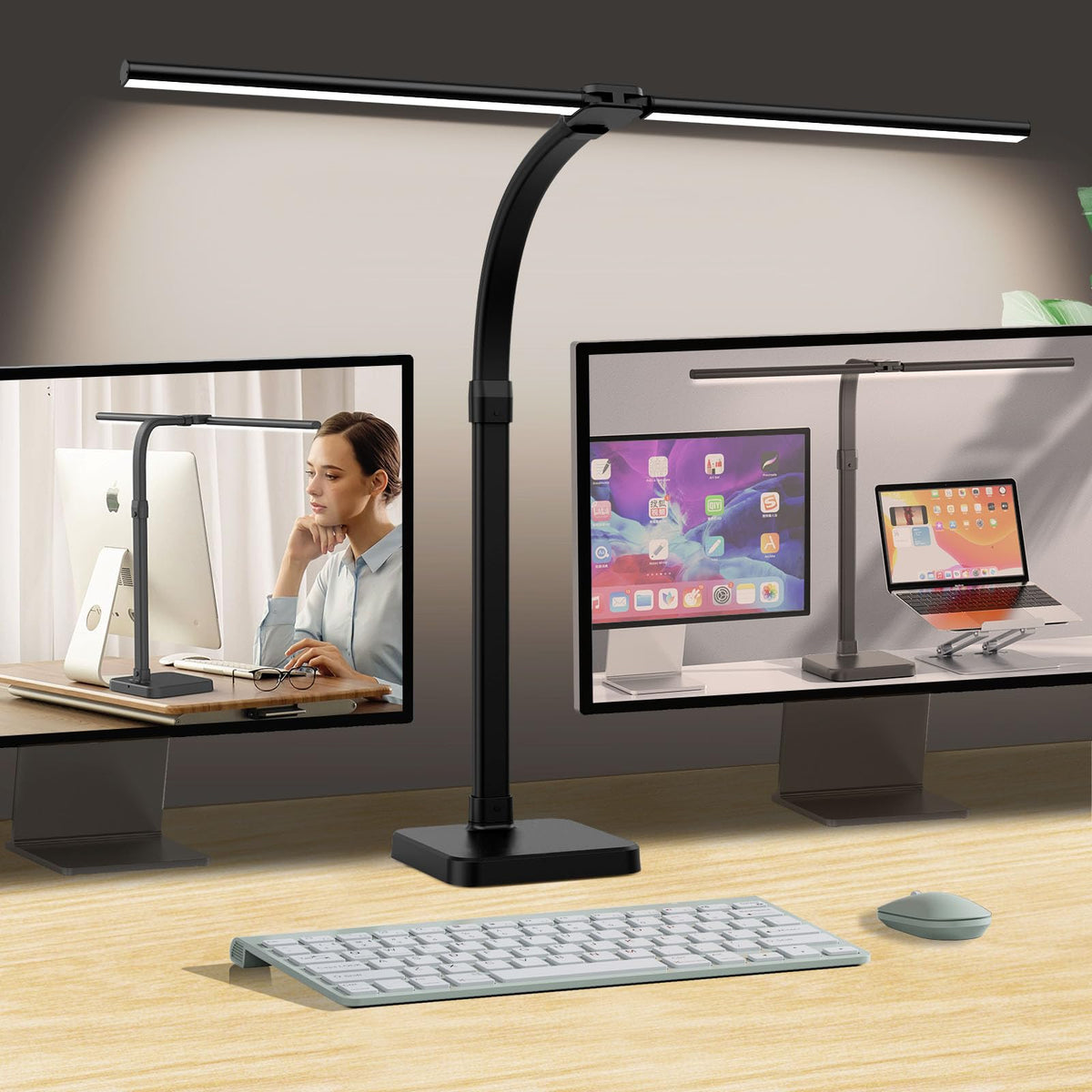 AKRRYR double-head LED desk lamp with base for wide workspace illumination