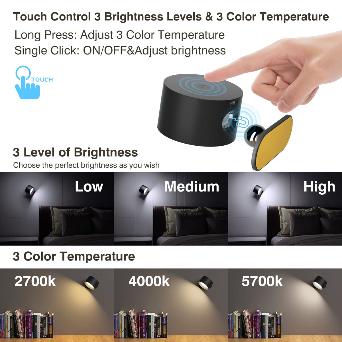 AKSDA bedside reading light with three color temperatures for evening reading sessions.