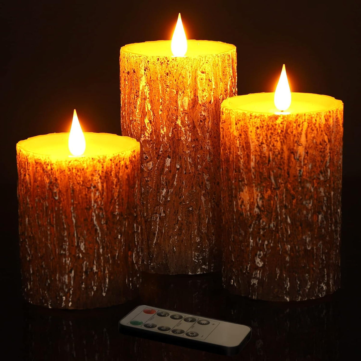 AKU TONPA pine bark flameless candle 5 inch pillar creates warm lighting