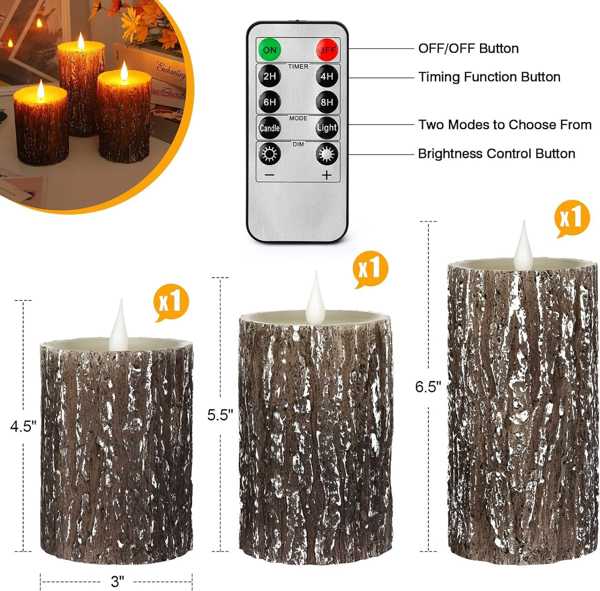 AKU TONPA pine bark flameless candle 6 inch pillar ambiances without flame risk