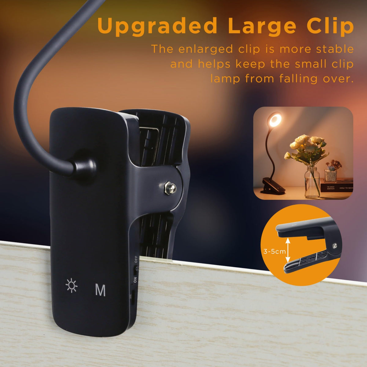 Akynite sturdy clamp opens up to 5 cm for secure attachment.